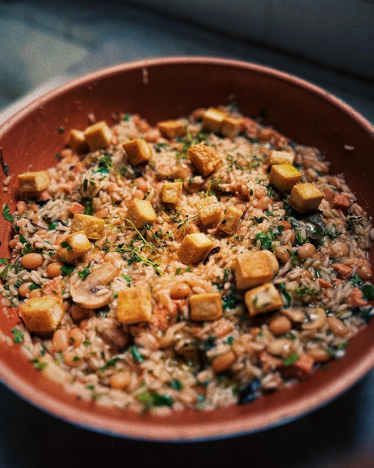 Risoto com tofu dourado, cogumelos e feijões servido em tigela de barro